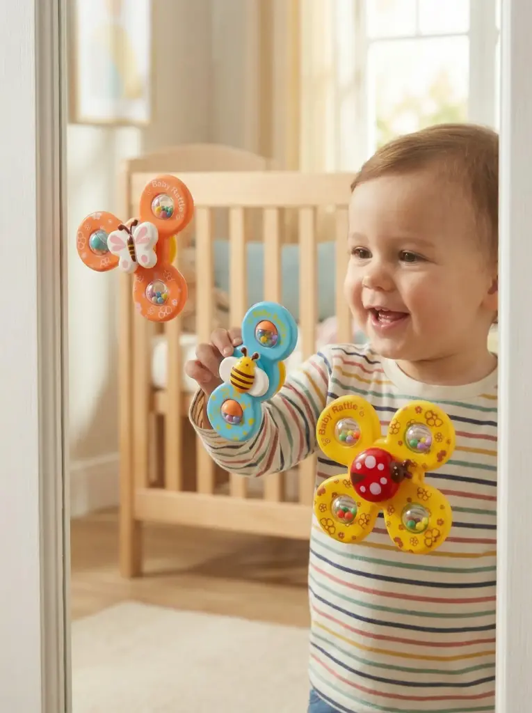 baby rattle spinner with a boy.Who is playing with the toy.